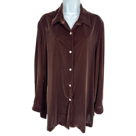 Lands' End Long Sleeve Button Front Velvet Blouse Size 16 - Picture 1 of 7